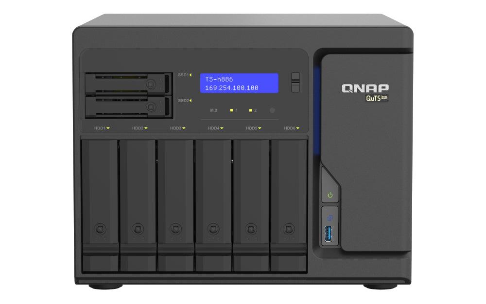 QNAP Intel Xeon D-1602 | 8 GB UDIMM DDR4 ECC | 5GB Flash | 6 x 3.5" SATA | 2 x 2.5" SATA | 2 x M.2 | RJ-45 | USB 3.2 Gen 1 | 8.5 kg (TS-H886-D1602-8G)