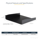 STARTECH 2U Server Rack Shelf - Universal Rack Mount Cantilever Shelf for 19" Network Equipment Rack & Cabinet - Heavy Duty Steel | Weight Capacity 44lb|20kg - 16" Deep Tray | Black (CABSHELF) (CABSHELF)