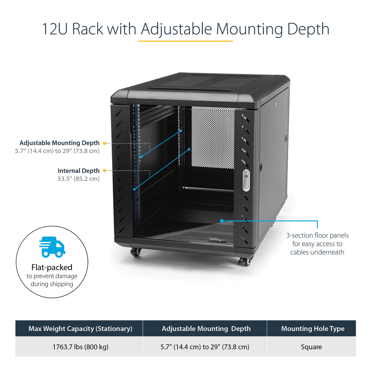 STARTECH 4-Post 12U Server Rack Cabinet | 19" Data Rack Cabinet for IT | Network Equipment | with Adjustable Mounting Rails (RK1236BKF)
