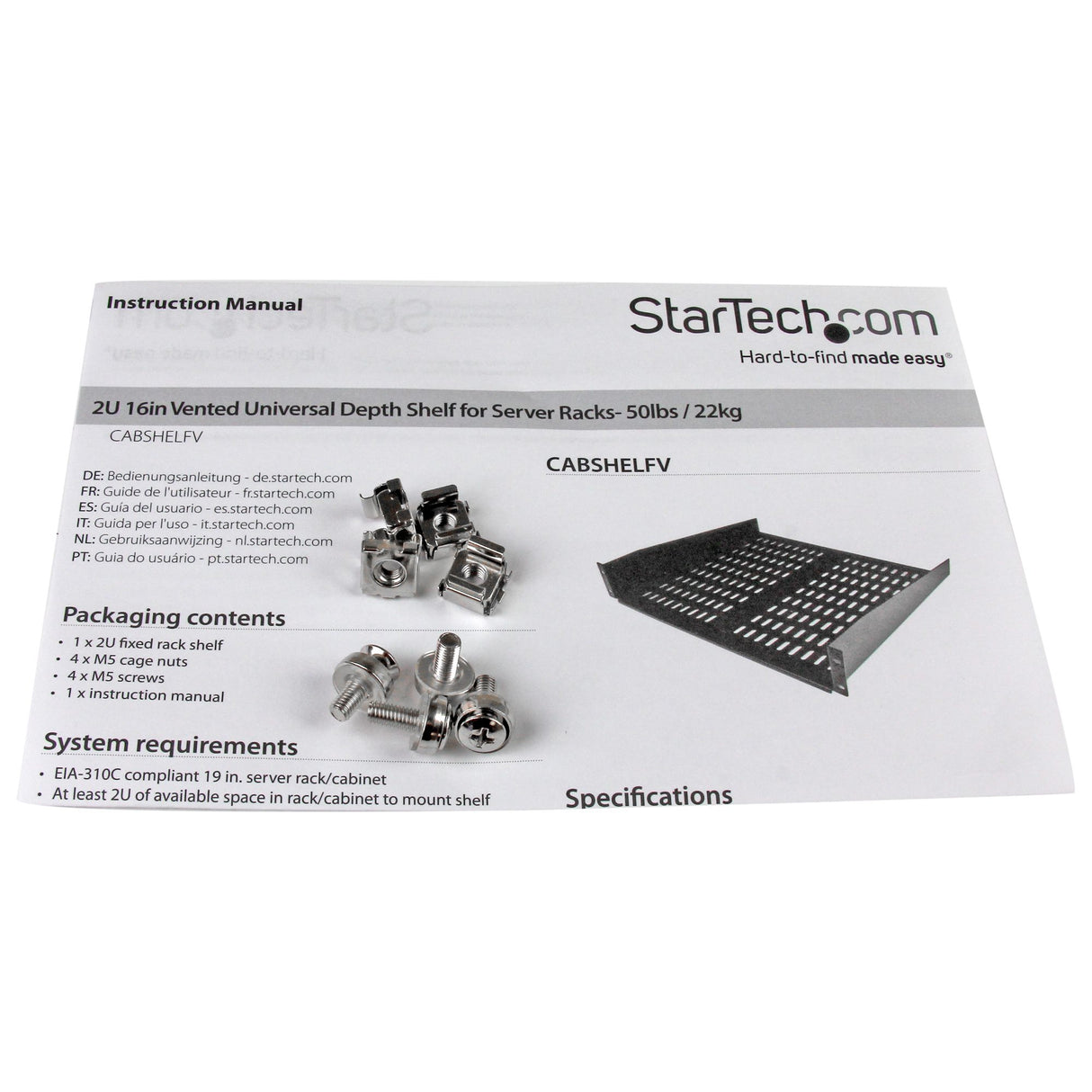 STARTECH 2U Server Rack Shelf - Universal Vented Rack Mount Cantilever Tray for 19" Network Equipment Rack & Cabinet - Heavy Duty Steel - Weight Capacity 50lb|23kg - 16" Deep Shelf (CABSHELFV) (CABSHELFV)