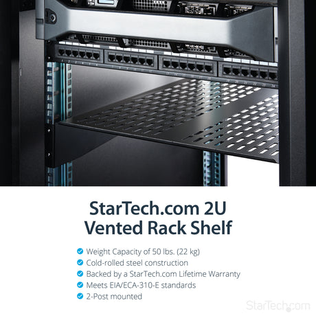 STARTECH 2U Server Rack Shelf - Universal Vented Rack Mount Cantilever Tray for 19" Network Equipment Rack & Cabinet - Heavy Duty Steel - Weight Capacity 50lb|23kg - 22" Deep Shelf (CABSHELF22V) (CABSHELF22V)