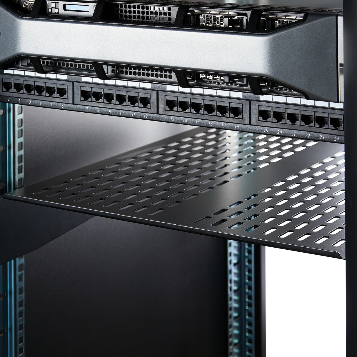 STARTECH 2U Server Rack Shelf - Universal Vented Rack Mount Cantilever Tray for 19" Network Equipment Rack & Cabinet - Heavy Duty Steel - Weight Capacity 50lb|23kg - 22" Deep Shelf (CABSHELF22V) (CABSHELF22V)