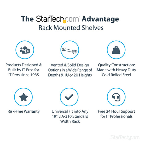 STARTECH 2U Server Rack Shelf - Universal Rack Mount Cantilever Shelf for 19" Network Equipment Rack & Cabinet - Heavy Duty Steel | Weight Capacity 50lb|23kg - 22" Deep Tray | Black (CABSHELF22) (CABSHELF22)