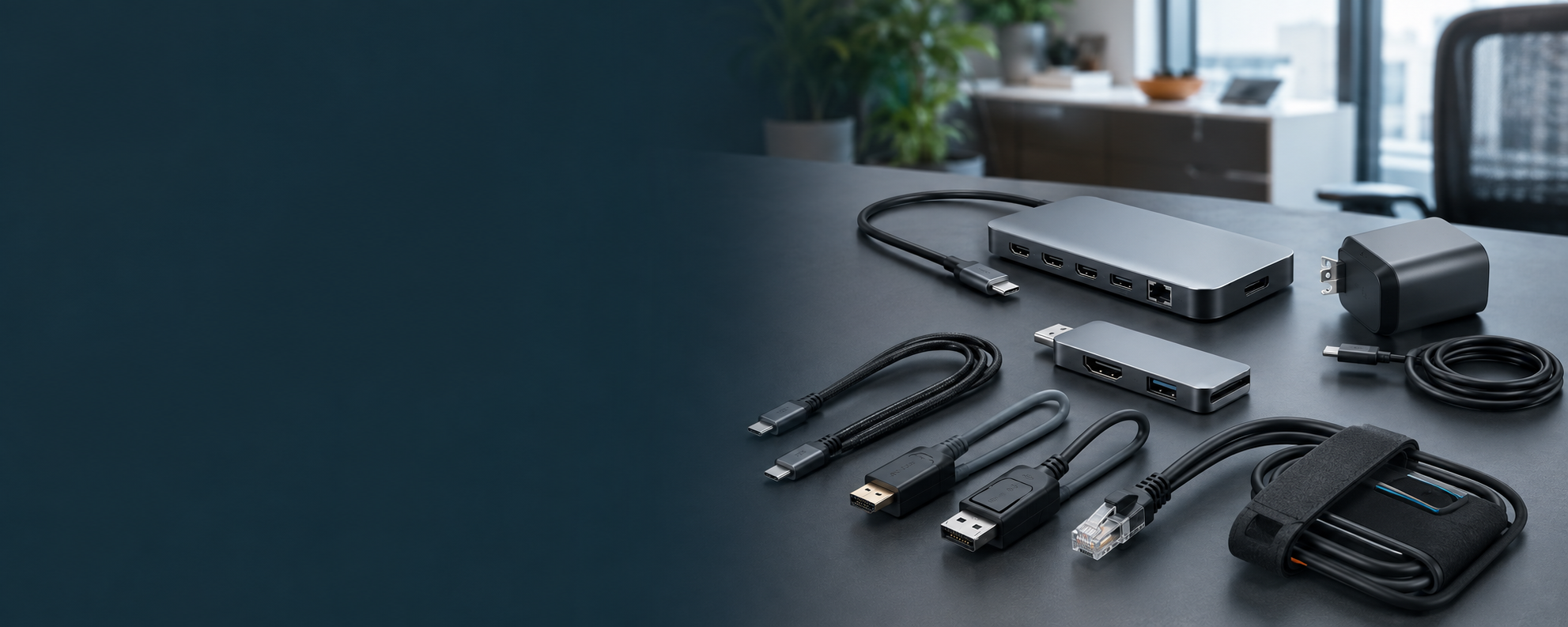 USB-C hub with multiple ports and cables on dark desk