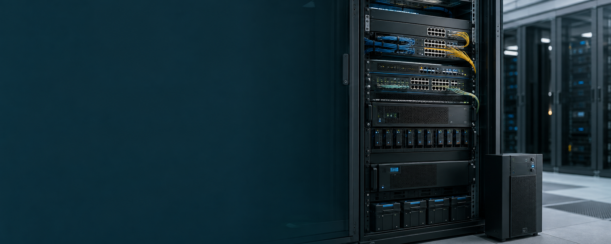 Server rack with network switches and blue yellow cables in data center