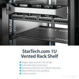 STARTECH 1U Server Rack Shelf - Universal Vented Rack Mount Cantilever Tray for 19" Network Equipment Rack & Cabinet - Heavy Duty Steel - Weight Capacity 44lb|20kg - 16" Deep Shelf (CABSHELF116V) (CABSHELF116V)