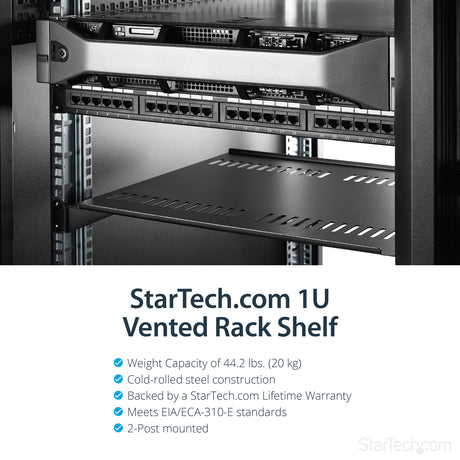 STARTECH 1U Server Rack Shelf - Universal Vented Rack Mount Cantilever Tray for 19" Network Equipment Rack & Cabinet - Heavy Duty Steel - Weight Capacity 44lb|20kg - 16" Deep Shelf (CABSHELF116V) (CABSHELF116V)