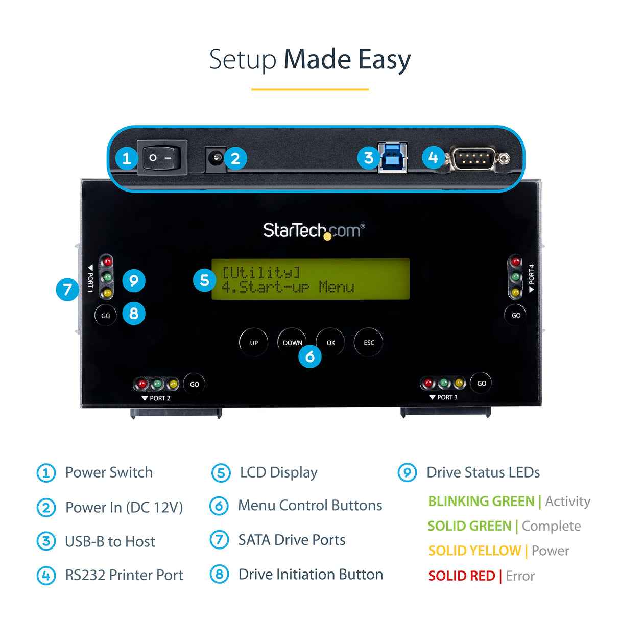 STARTECH 4 Bay SSD|HDD Hard Drive Eraser - 2.5" & 3.5" SATA - Hostless Standalone Secure Erase External Disk Sanitizer - 9 Erase Modes - RS232 Printer Port - NIST|DOD & TAA Compliant (SATERASER4) (SATERASER4)