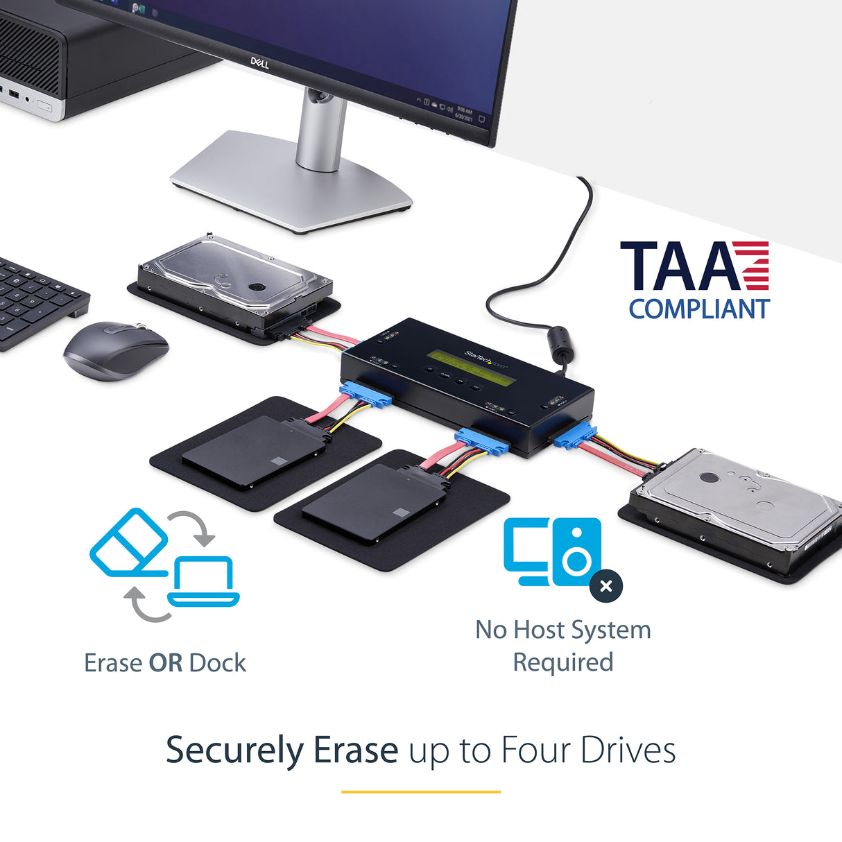 STARTECH 4 Bay SSD|HDD Hard Drive Eraser - 2.5" & 3.5" SATA - Hostless Standalone Secure Erase External Disk Sanitizer - 9 Erase Modes - RS232 Printer Port - NIST|DOD & TAA Compliant (SATERASER4) (SATERASER4)