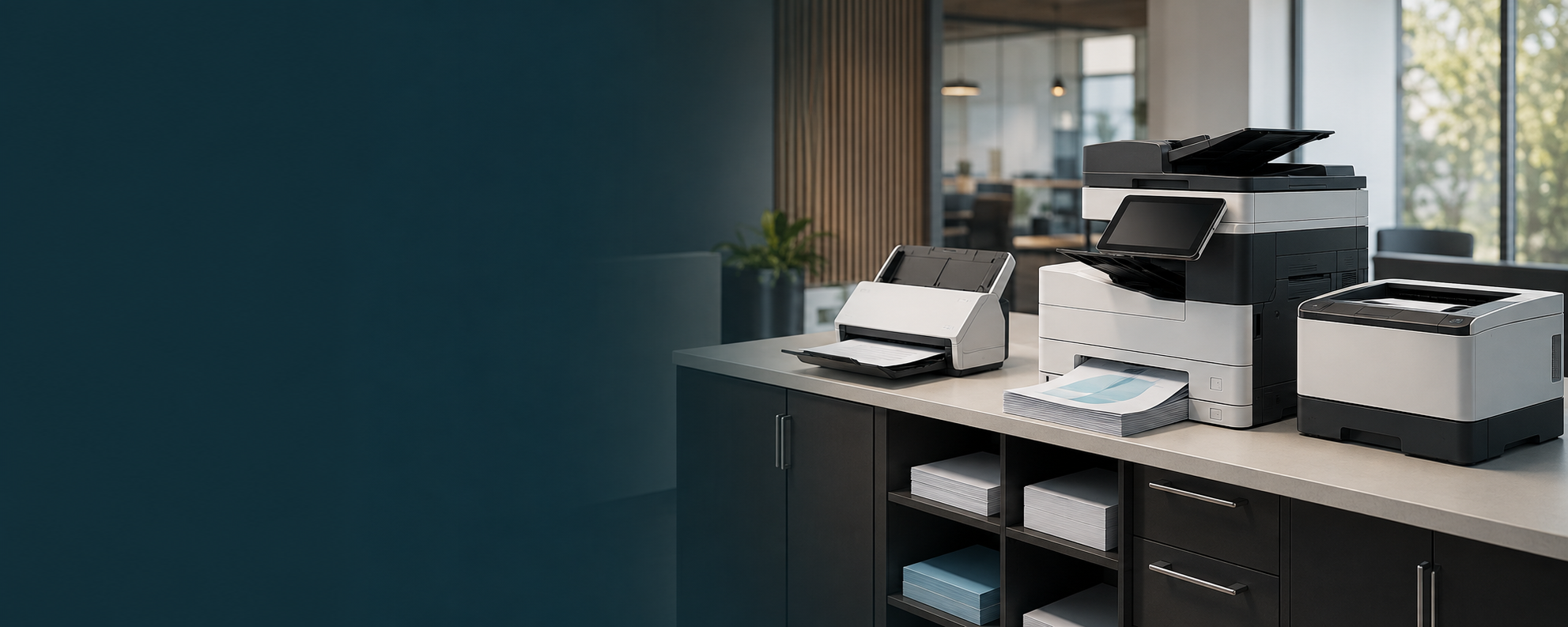 Office printer and scanner on modern desk with paper stacks and sleek design