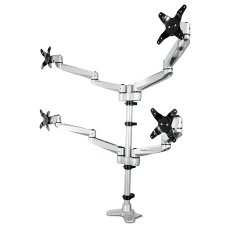 STARTECH Desk Mount Quad Monitor Arm | Premium Articulating VESA 4 Monitor Mount 2x2 up to 30" | Ergonomic Height Adjustable Pole Mount - Tilt|Swivel|Rotate - C-Clamp|Grommet - Silver (ARMQUADPS) (ARMQUADPS)