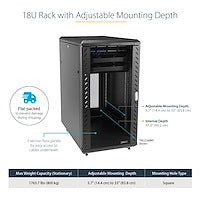STARTECH 4-Post 18U Server Rack Cabinet | 19" Data Rack Cabinet for IT | Network Equipment | with Adjustable Mounting Rails (RK1836BKF)