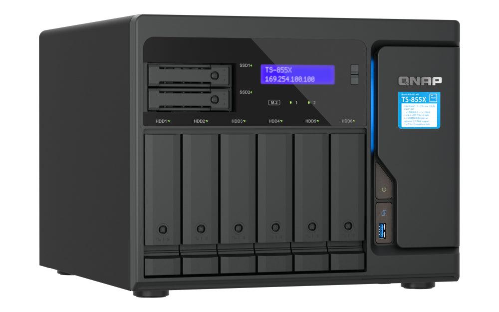 QNAP Intel Atom C5125 2.8 GHz | 8 GB UDIMM DDR4 | 5GB Flash | 6 x 3.5" + 2 x 2.5" | 2 x M.2 | 2 x 2.5Gb | 1 x 10 Gb | USB | 8.5 kg (TS-855X-8G)