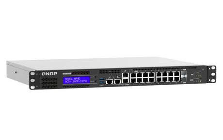 QNAP 16x RJ-45 PoE | 2x 10GbE SFP+ | Intel Atom C3558 (4x 2.2GHz) | 8 GB SODIMM DDR4 | 4GB Flash | LCD | 2x 2.5" SATA | 100-240 VAC | 4.37 kg (QGD-1602P-C3558-8G)