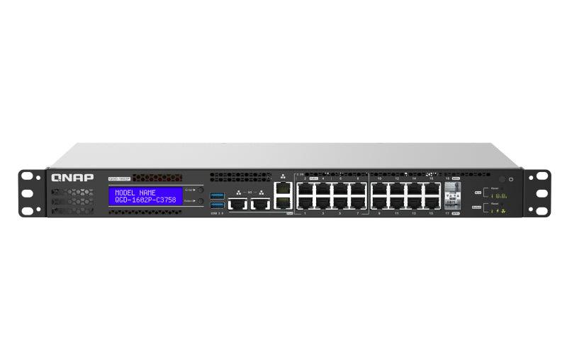 QNAP 16x RJ-45 PoE | 2x 10GbE SFP+ | Intel Atom C3558 (4x 2.2GHz) | 8 GB SODIMM DDR4 | 4GB Flash | LCD | 2x 2.5" SATA | 100-240 VAC | 4.37 kg (QGD-1602P-C3558-8G)