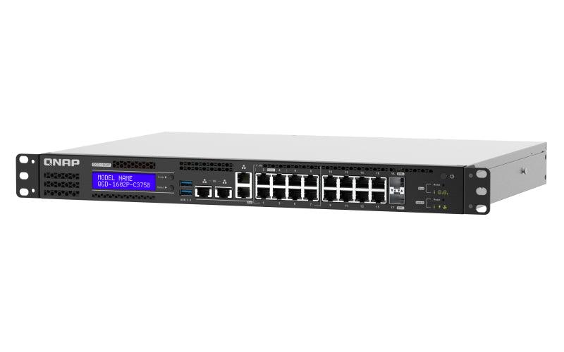 QNAP 16x RJ-45 PoE | 2x 10GbE SFP+ | Intel Atom C3758 (8x 2.2GHz) | 16 GB SODIMM DDR4 | 4GB Flash | LCD | 2x 2.5" SATA | 100-240 VAC | 4.37 kg (QGD-1602P-C3758-16G)