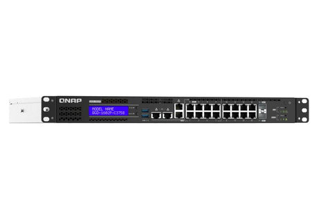 QNAP 16x RJ-45 PoE | 2x 10GbE SFP+ | Intel Atom C3758 (8x 2.2GHz) | 16 GB SODIMM DDR4 | 4GB Flash | LCD | 2x 2.5" SATA | 100-240 VAC | 4.37 kg (QGD-1602P-C3758-16G)