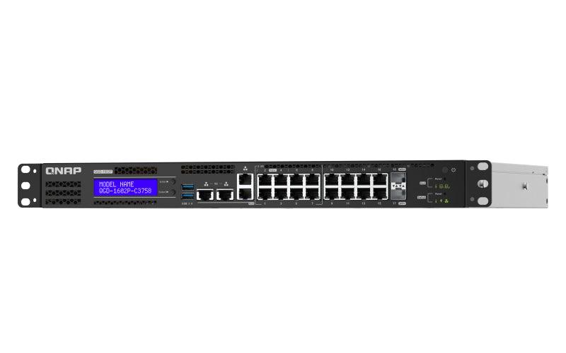 QNAP 16x RJ-45 PoE | 2x 10GbE SFP+ | Intel Atom C3758 (8x 2.2GHz) | 16 GB SODIMM DDR4 | 4GB Flash | LCD | 2x 2.5" SATA | 100-240 VAC | 4.37 kg (QGD-1602P-C3758-16G)