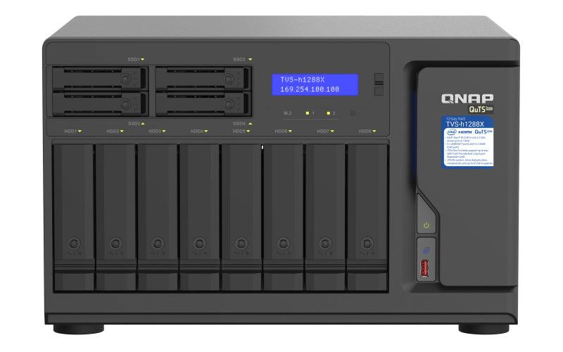 QNAP 8 x 3.5" | 4 x 2.5" | Intel Xeon W-1250 | 16 GB ECC UDIMM DDR4 | 5GB Flash | LCD | 550W PSU | 100-240V | 234.6 × 369.9 × 319.8 mm | 11.27 kg (TVS-H1288X-W1250-16G)