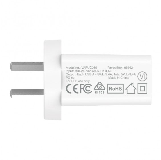 VERBATIM 66593 – 17W / 2x USB-A / Smart IC – Wall Charger
