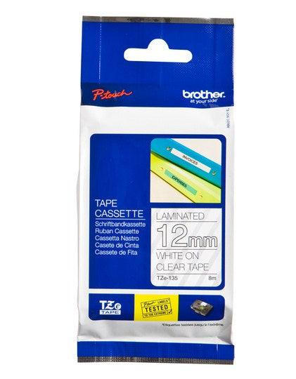 BROTHER 12mm White on Clear Laminated Tape - 8m (TZE-135)