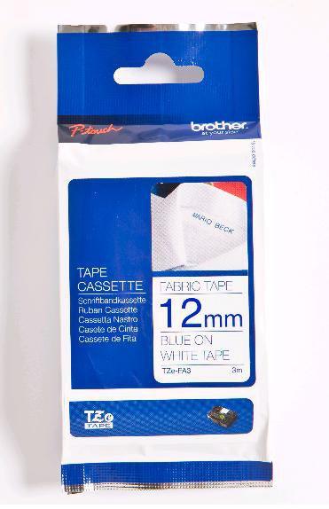BROTHER 12mm blue on white fabric tape | 3m (TZE-FA3)