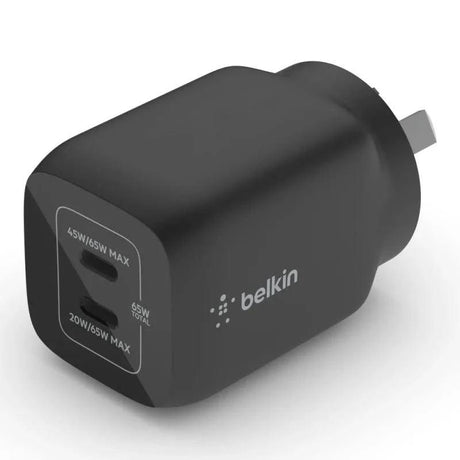 BELKIN BoostCharge Pro Dual USB-C GaN Wall/Laptop Charger with PPS 65W - Black(WCH013auBK),1*USB-C(45-65W),1*USB-C(20-65W),Compact,Fast & Travel Ready