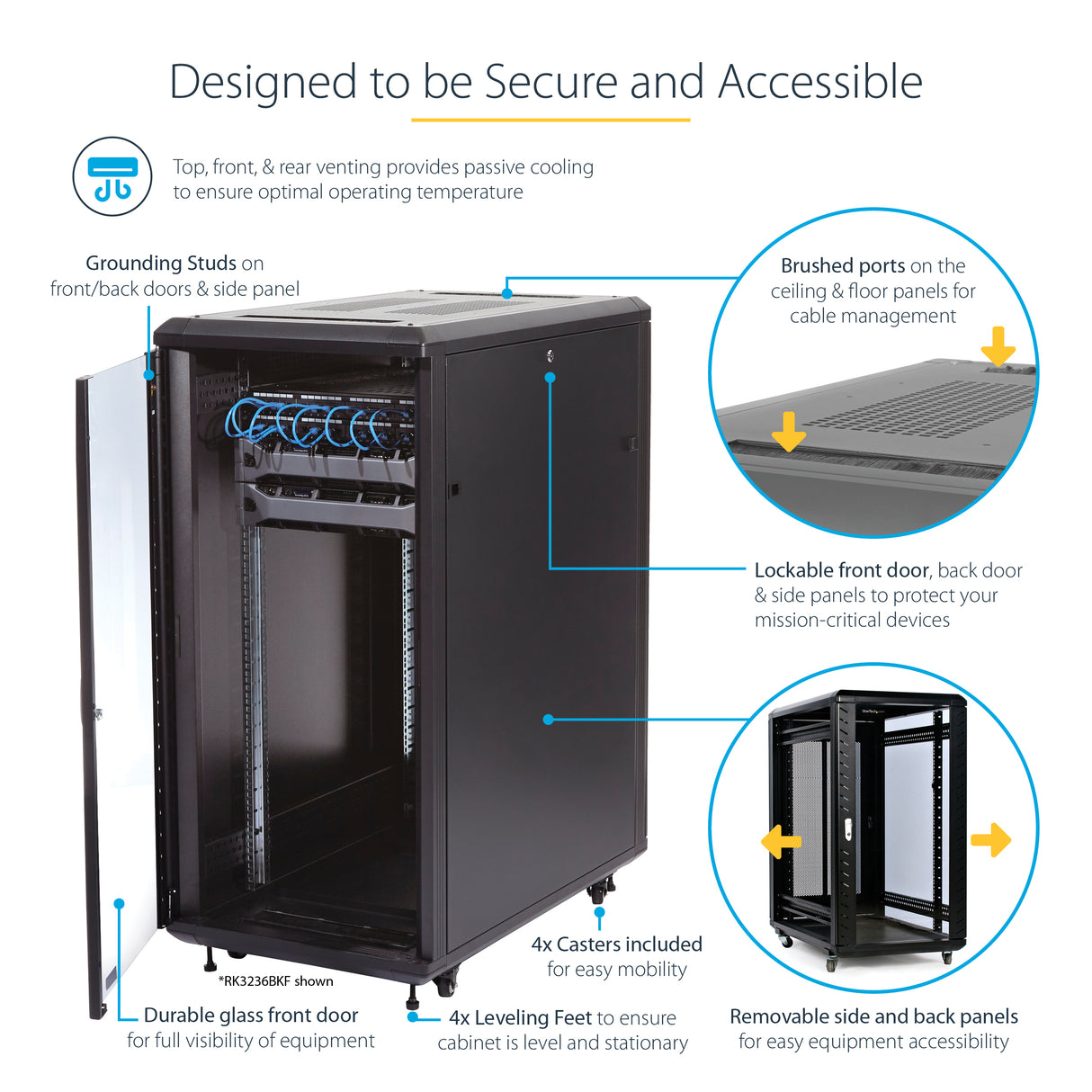 STARTECH 4-Post 25U Server Rack Cabinet | 19" Data Rack Cabinet for IT | Network Equipment | with Adjustable Mounting Rails (RK2536BKF)