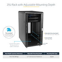 STARTECH 4-Post 25U Server Rack Cabinet | 19" Data Rack Cabinet for IT | Network Equipment | with Adjustable Mounting Rails (RK2536BKF)