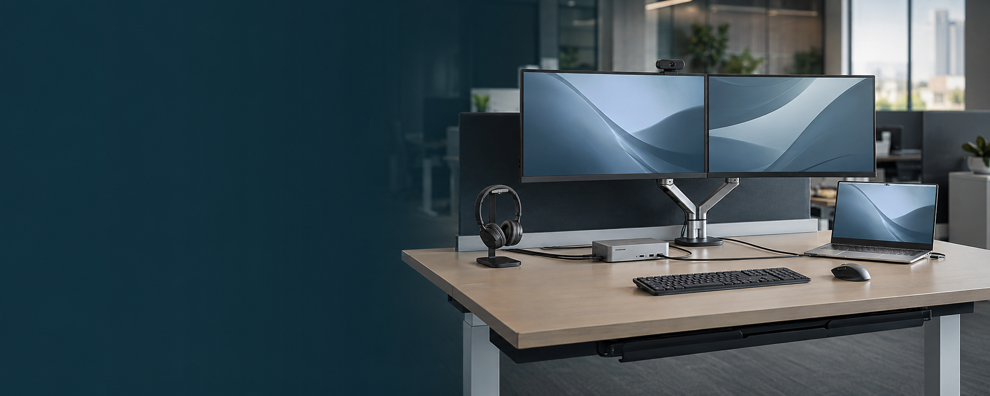 Dual monitor setup with laptop, keyboard, mouse, and headphones on modern desk