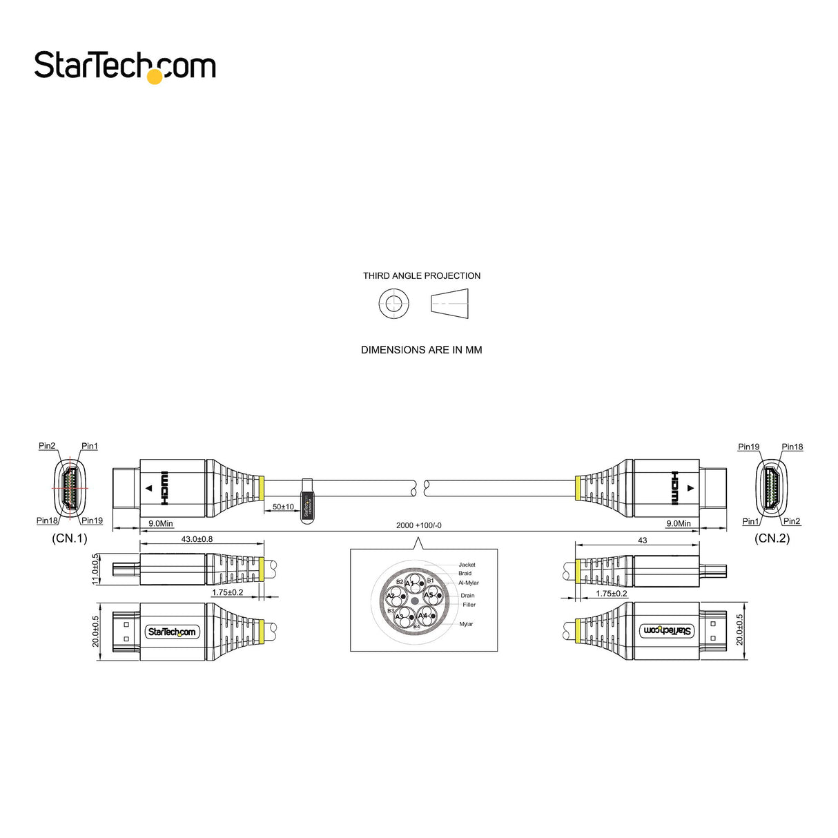 STARTECH 6ft (2m) Premium Certified HDMI 2.0 Cable - High Speed Ultra HD 4K 60Hz HDMI Cable with Ethernet - HDR10 | ARC - UHD HDMI Video Cord - For UHD Monitors | TVs | Displays - M|M (HDMMV2M) (HDMMV2M)