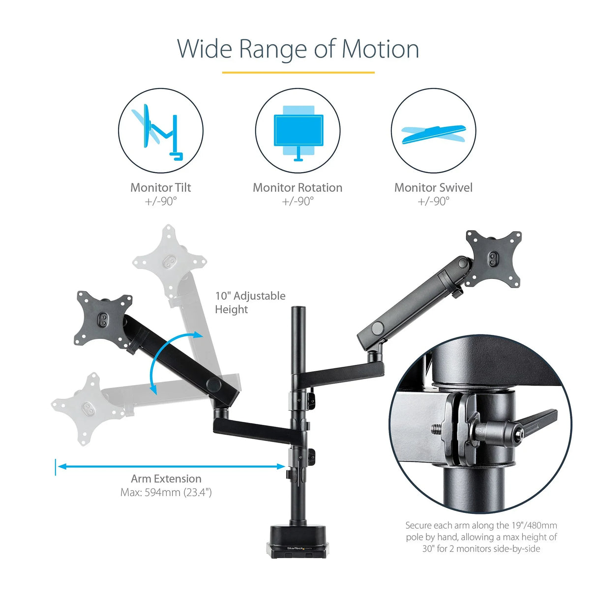 STARTECH Desk Mount Dual Monitor Arm - Full Motion Monitor Mount for 2x VESA Displays up to 32" (17lb|8kg) - Vertical Stackable Arms - Height Adjustable|Articulating - Clamp|Grommet (ARMDUALPIVOT)