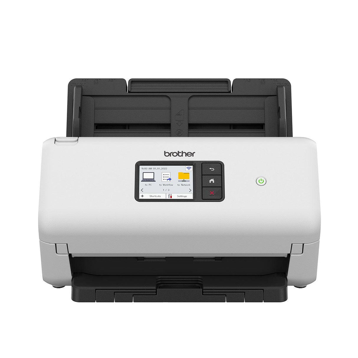 BROTHER Dual CIS | Dissplay | A4 | 355.6x215.9 mm | 1 |200 dpi | 40 ppm | 484-bit | paper\plastic cards | 256 levels(8 bit) | Wi-Fi 2.4GHz | USB 3 | 299x215x190 mm | 2.6kg (ADS-3300W)