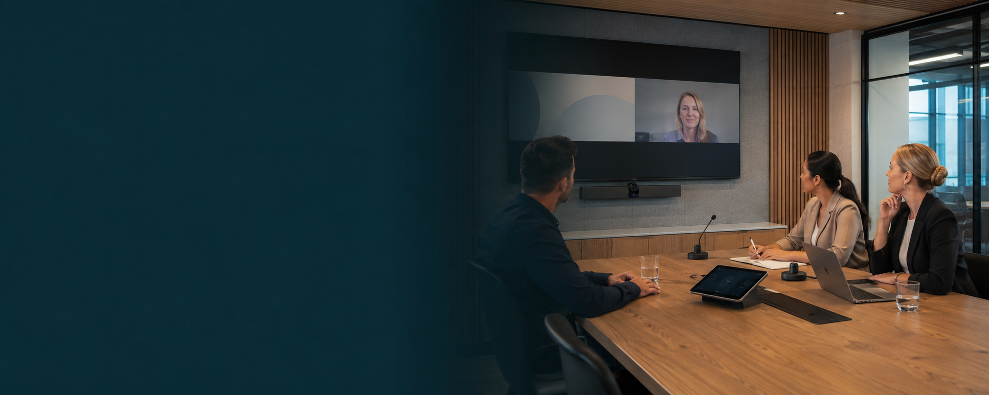 Team in modern conference room using video conferencing system with large display and tablet control