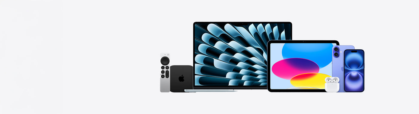 Apple iPhone, iPad, Mac and AirPods on a dark teal background with Apple Devices for Business heading and TCO and EPEAT logos.