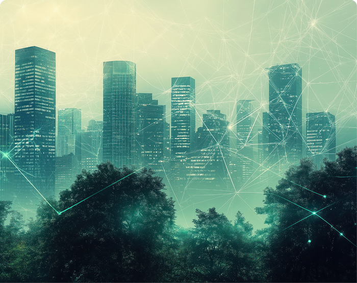A green digital cityscape with trees and data overlays. Represents TechForGood’s NetNada Carbon Neutral certification and commitment to ASRS and NGERS-aligned Climate Accountability.