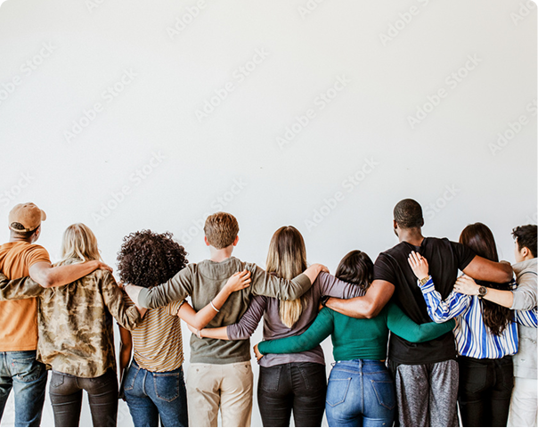 A group of people standing arm in arm, showing community and inclusion. Symbolises TechForGood’s Social Traders certification and contribution to Human Connections through Catalysing Connections.
