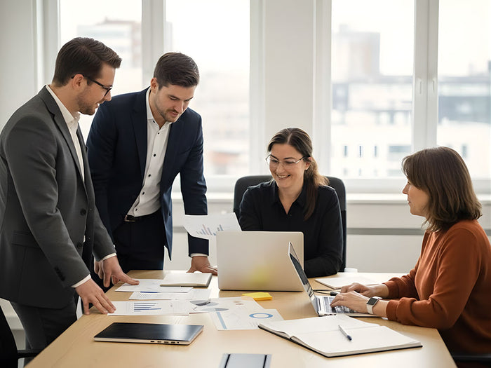 People in a meeting reviewing documents and working on laptops around a table