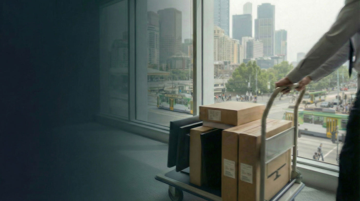 Business IT procurement website hero showing boxed equipment being delivered in an office, with messaging about responsible purchasing, ESG compliance, and options to buy business-grade tech or recycle devices through a recovery program, alongside B Corp and sustainability certification badges.