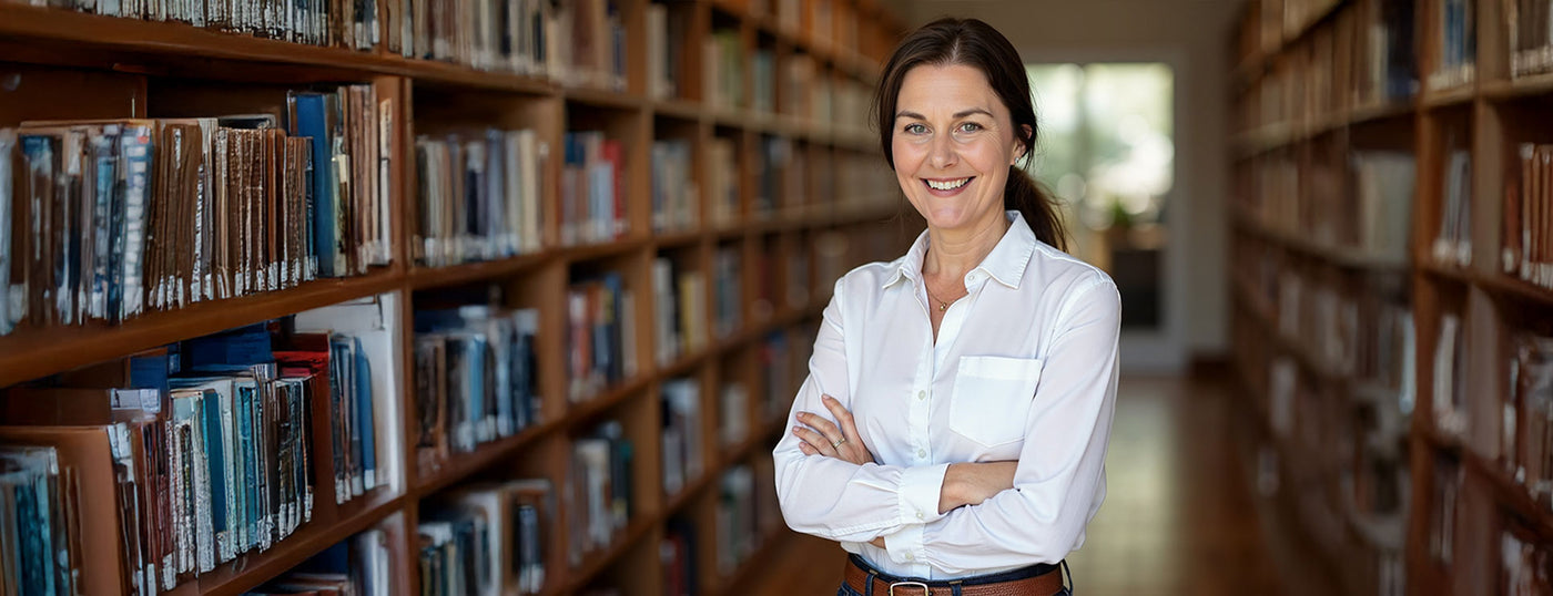 Professional woman standing confidently in a library setting, representing TechForGood’s female-led leadership and commitment to ethical, transparent, triple-certified governance.