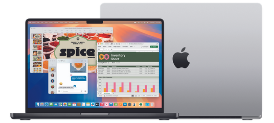MacBook with analytics on screen in front of a larger MacBook on a light background beside copy and button about building a sustainable Apple fleet.