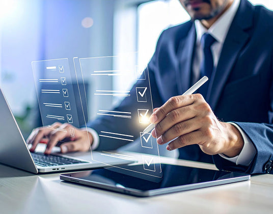 Business professional reviewing ESG compliance checklist on digital tablet, symbolising NGERS reporting obligations Australia for Scope 1 and Scope 2 ICT emissions data, director liability, and audit-ready reporting.