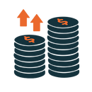 Stacked coins icon with upward arrows.