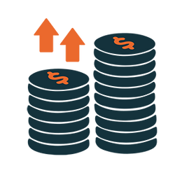 Stacked coins icon with upward arrows.