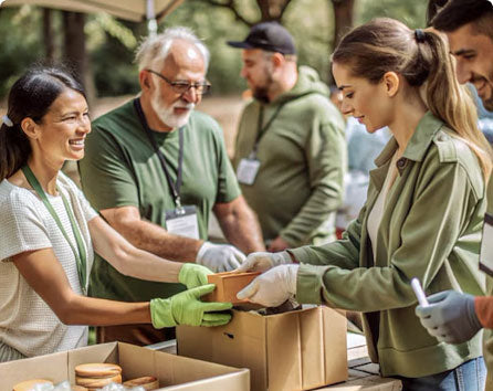 Volunteers sorting donated items into boxes outdoors.