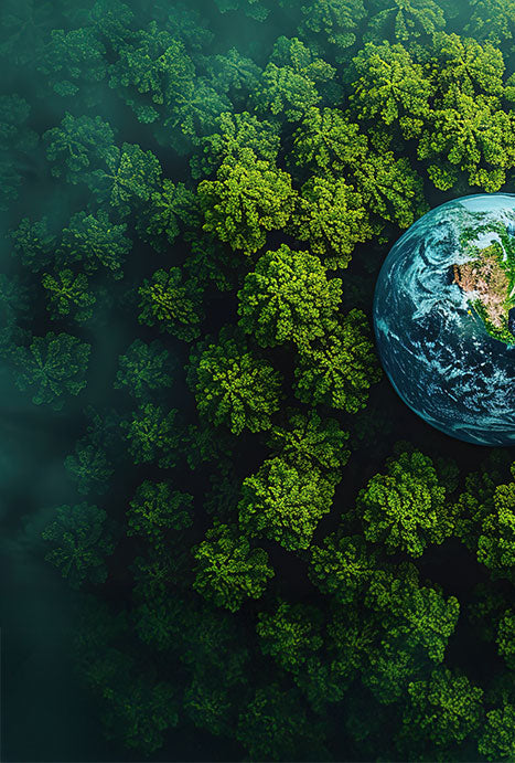 Hero banner with forest and globe background, ‘Business IT. Procured Responsibly’ headline, B Corp and sustainability certification icons, and buttons to buy tech or recycle with Recover-e