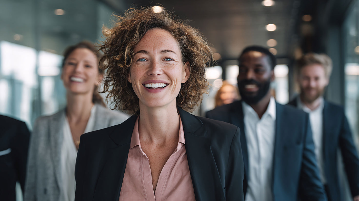 Smiling business professionals walking confidently, symbolising TechForGood as a certified social enterprise ICT supplier helping organisations turn ICT procurement into compliance and impact under SPF, VGPB ICT procurement, and national social procurement frameworks.