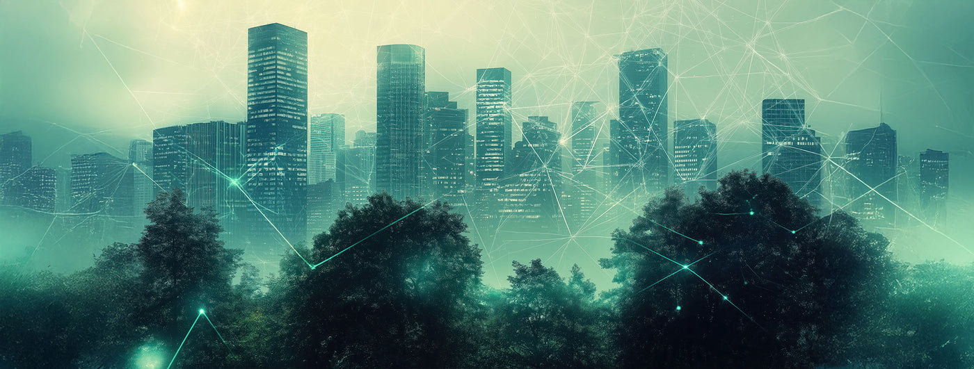 City skyline blended with green digital network lines, representing TechForGood’s Australian, female-led, triple-certified ICT supplier positioning, with certification logos for B Corp, Social Traders, and Certified Carbon Neutra