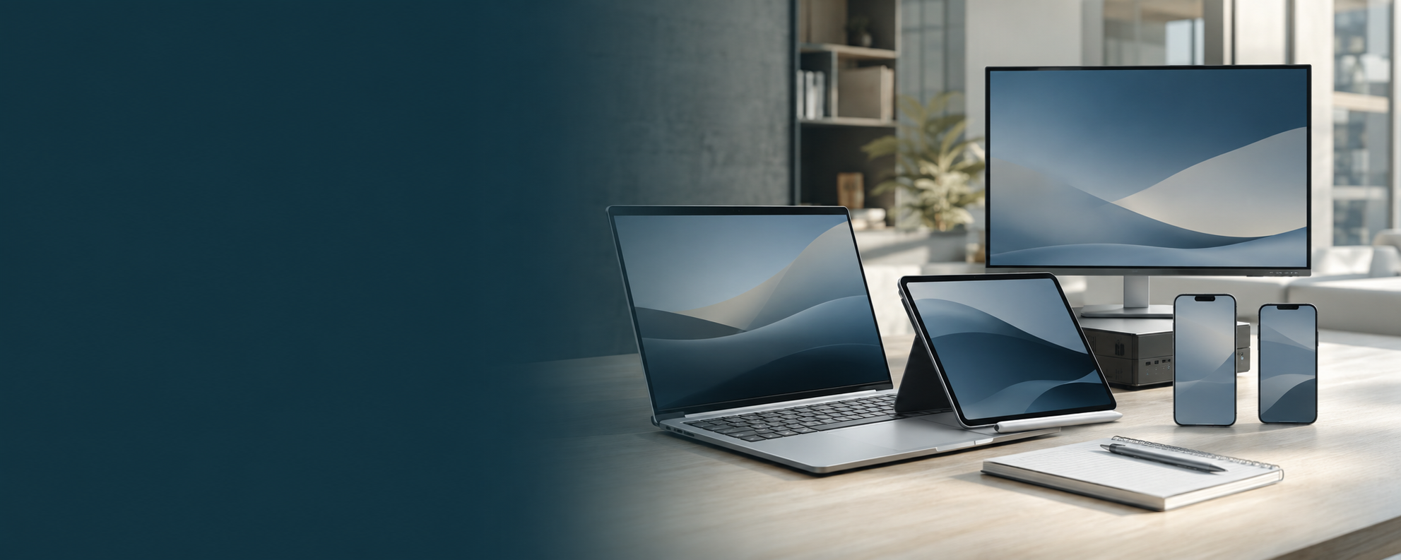 Laptop, tablet, desktop monitor, and smartphones on modern desk with notebook and pen