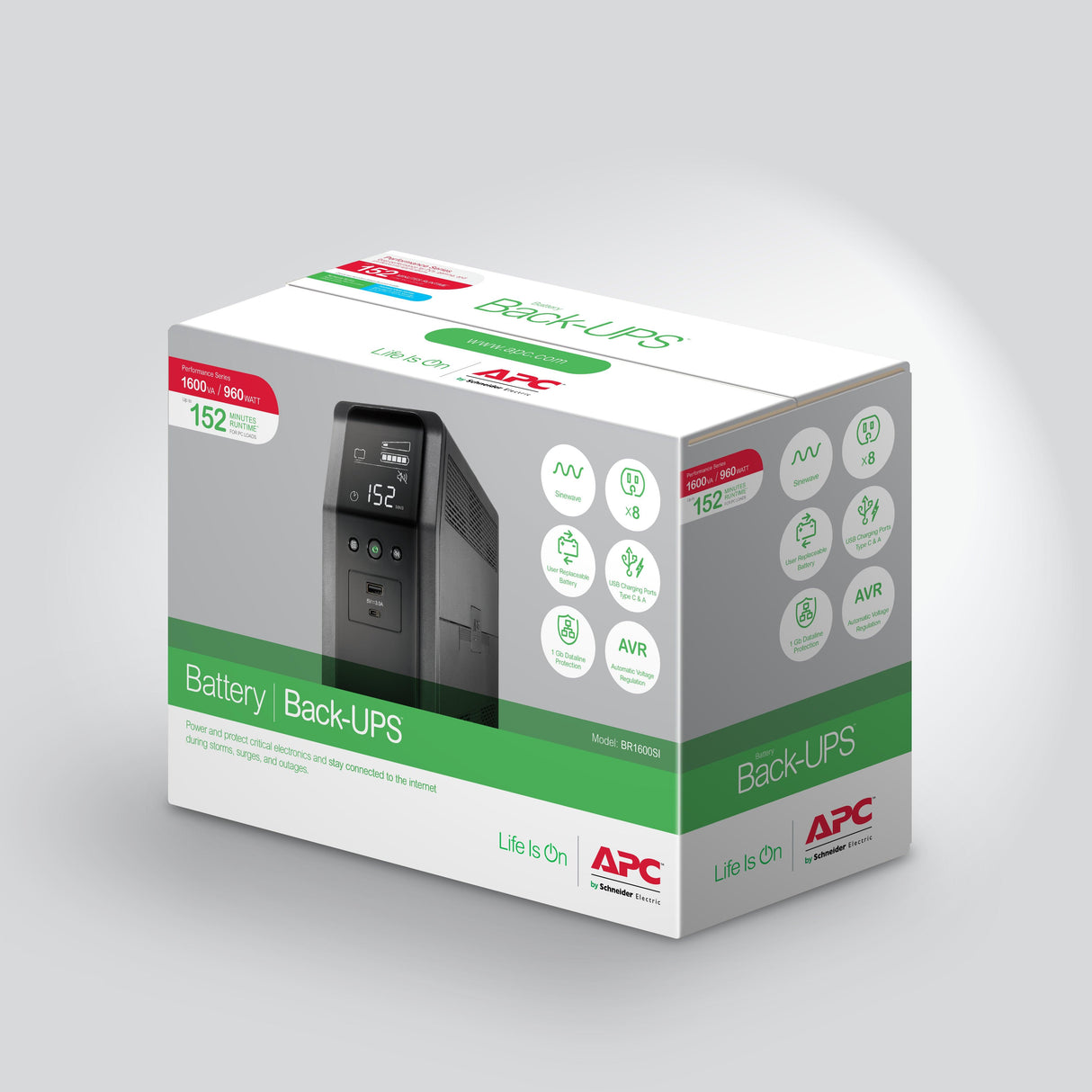 APC 1.6 kVA | 960W | 176-294V | 50|60Hz | 45 dB | 100x368x260mm | 12.1kg | Black (BR1600SI)